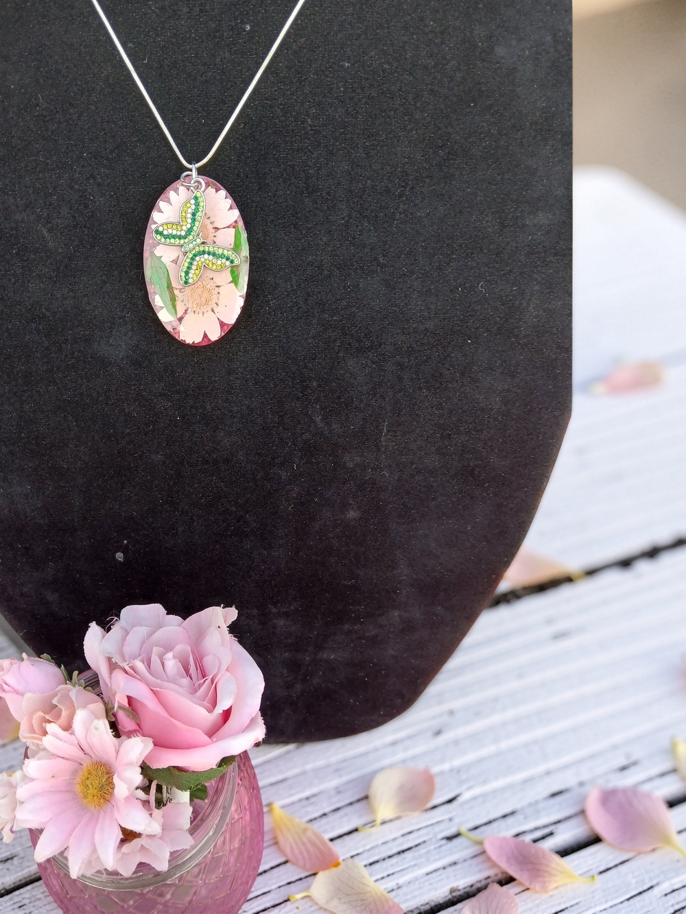 Resin Pink Floral Oval Necklace with Green Butterfly Accent